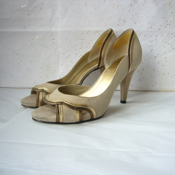 Franco Sarto Beige Gold d'Orsay Peep Toe Pump Great Gatsby Deco  8 Event Party - Picture 5 of 8